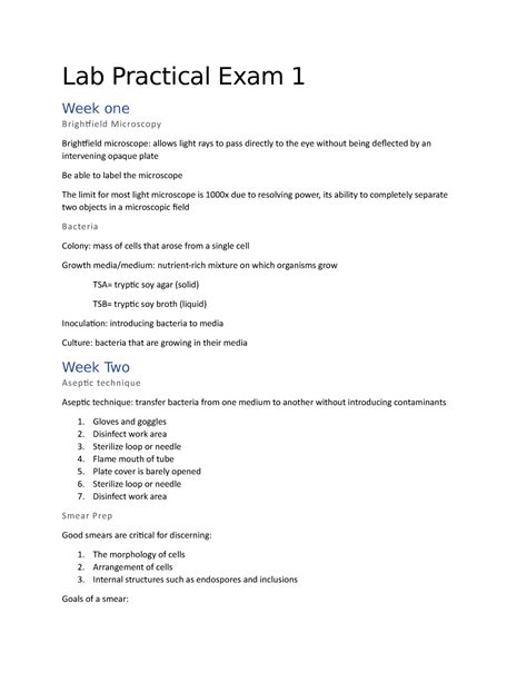 Lab Practical Exam 1 Study Guide Lab Practical Exam 1 Week One