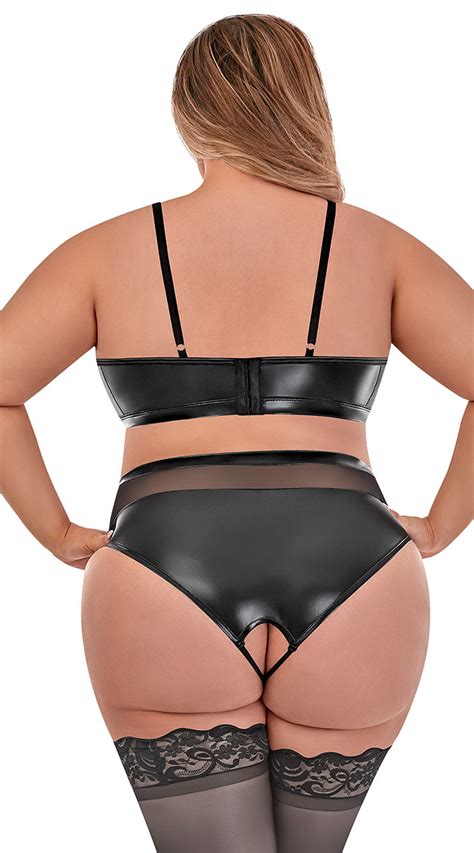 Plus Size Mesh And Wet Look Bralette Set Sexy Wet Look Lingerie