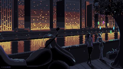 Two People Standing On A Dock At Night With City Lights In The Backgroud