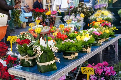 Fresh Flower Bouquets In An Outdoor Flower Market In Europe Stock Photo