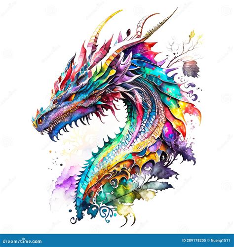 Watercolor Art Of Colorful Dragon On White Background Stock
