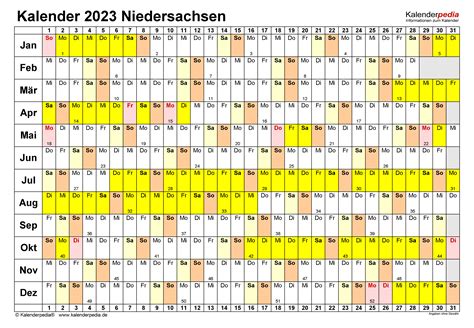 Kalender 2023 Niedersachsen Ferien Feiertage Excel Vorlagen