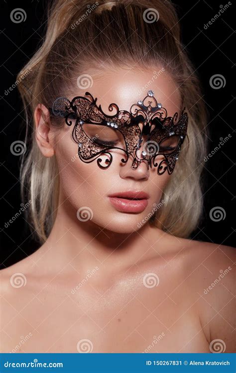 Model Woman In Venetian Masquerade Carnival Mask On Black Background Glamour Lady Stock Image