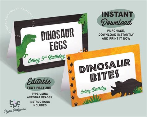 Editable Dinosaur Food Card Dino Birthday Buffet Label Etsy Dinosaur Party Dinosaur
