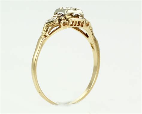 Art Deco Diamond Engagement Ring 14k Yellow White Gold Vintage Gold