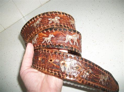 70s Western Tooled Leather Horse Belt Embossed Brown Leather Worn