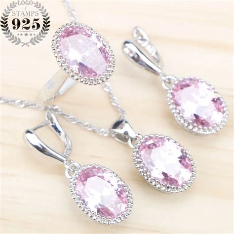 Wedding Oval Pink Zircon Silver Costume Jewelry Sets For Women