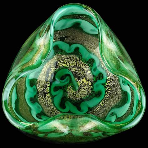 Barovier Toso Murano Vintage Green Gold Flecks Swirl Cloud Design Italian Art Glass Mid Century