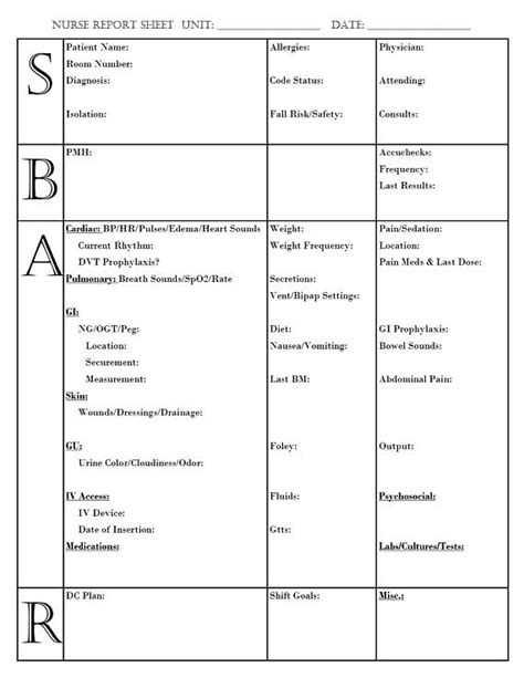 Brain sheets are the secret weapon of any good nurse. SBAR Nurse Report Brain Sheet Printable
