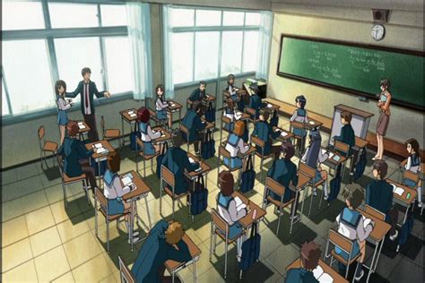 A Classroom Full Of Students Sitting At Desks