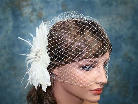ivory birdcage veil with hair flower feather fascinator 12bvff001 wedding veils headpieces