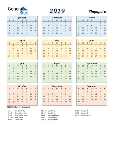2019 Singapore Calendar With Holidays