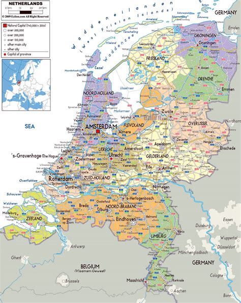 Large political and administrative map of Netherlands with roads