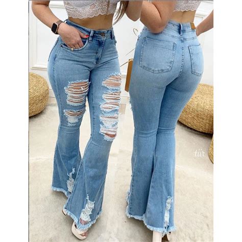 Womens Flare Bell Bottom Jeans Ripped Jeans Washed Street Style Hihalley
