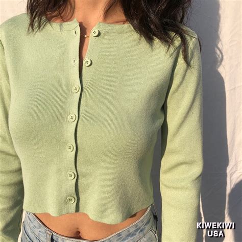 Camille Mint Green Long Sleeve Cropped Cardigan Top By Etsy