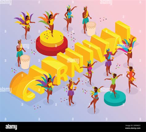 Brazilian Carnival With Dancing People And Fun Symbols Isometric Vector