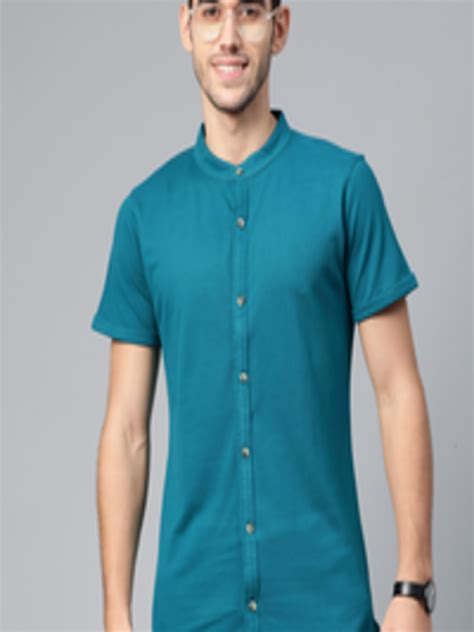 Buy Manq Casual Men Teal Blue Knitted Slim Fit Solid Casual Shirt
