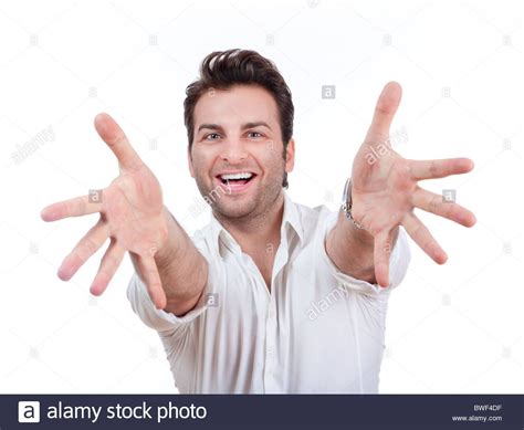 Download This Stock Image Excited Man In Shirt With Both Arms Outstretched Toward Camera