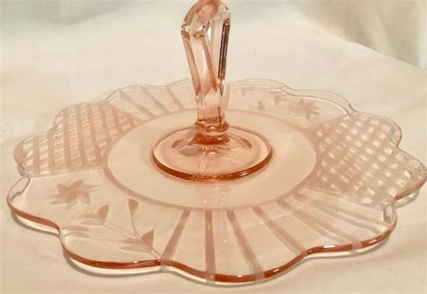 Vintage Blush Pink Depression Glass Serving Plate With Carry Handle