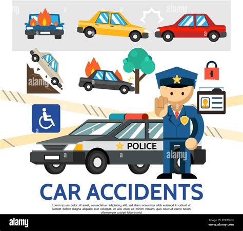 Flat Road Accident Template With Burning And Falling Cars Automobile