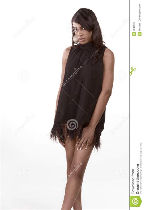 Fashion Model Afro American Woman In Black Dress Stock
