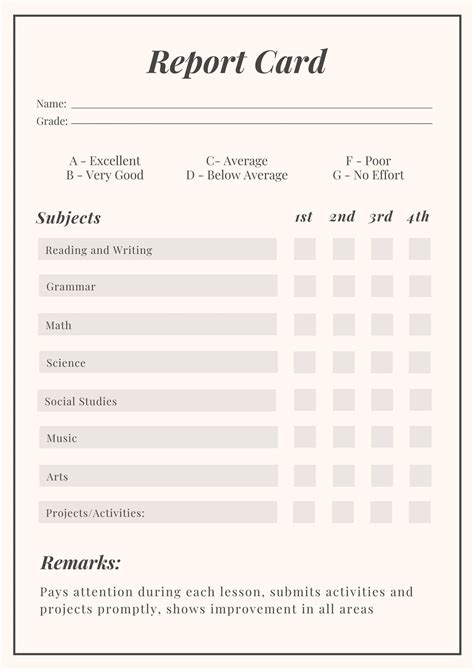 Printable Blank Report Card Template