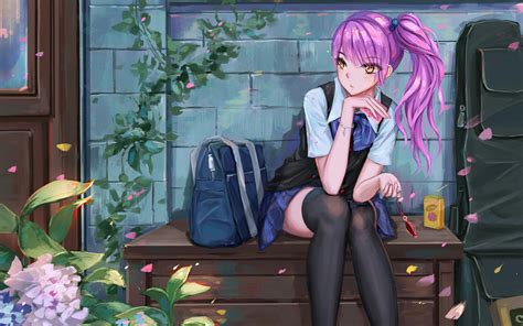 1680x1050 Cute Anime School Girl Pink Hairs Sitting On