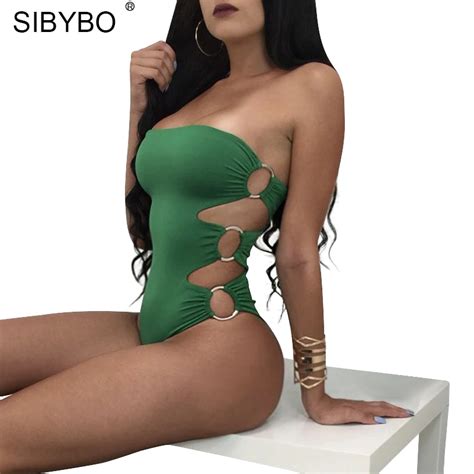 Sibybo Sleeveless Bodysuits Strapless Sexy Hollow Out Metal Circle Design Bodycon Swimsuit Beach