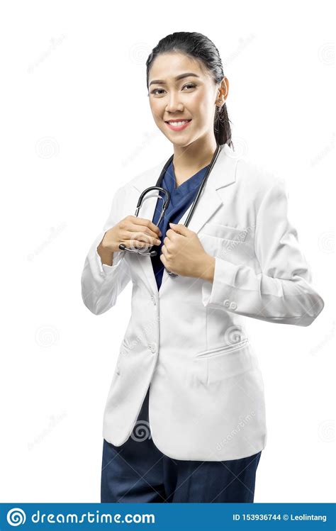 Asian Woman Doctor In A White Lab Coat Holding Stethoscope On Her Hands