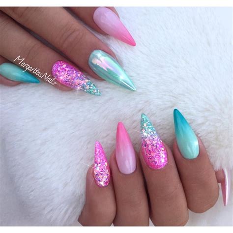 Mint Green And Pink Ombré Summer Nails Glitter Nail Art Design