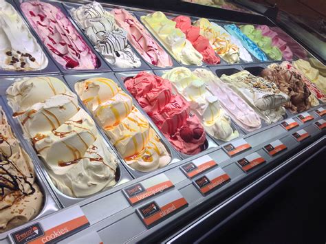 Icecream Display Cabinet Filled With Homemade Gelato Ice Cream