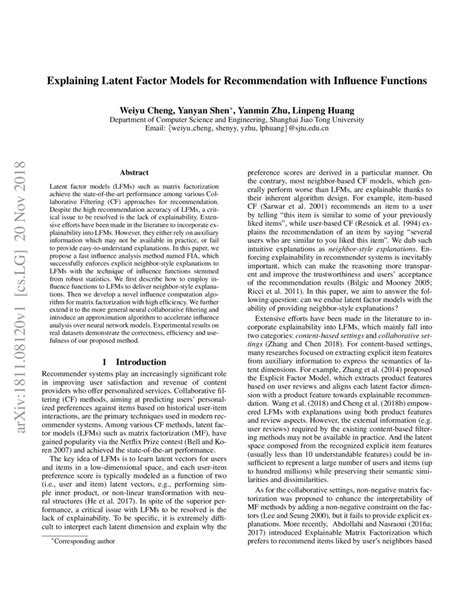 Explaining Latent Factor Models For Recommendation With Influence Functions Deepai