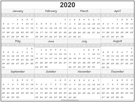 Year Calendar On A Page 2020 Month Calendar Printable