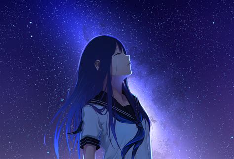 X Anime Girl And Night Stars X Resolution Wallpaper Hd