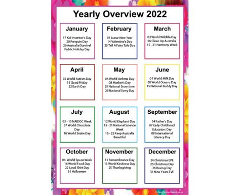 2022 Yearly Calendar Aussie Childcare Network