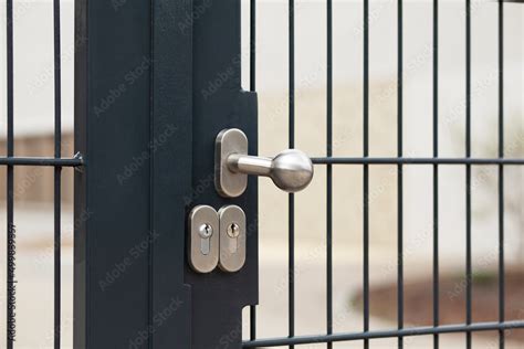 Gate Lock On Metal Fence Modern House Gate Handle Doorknob Stock