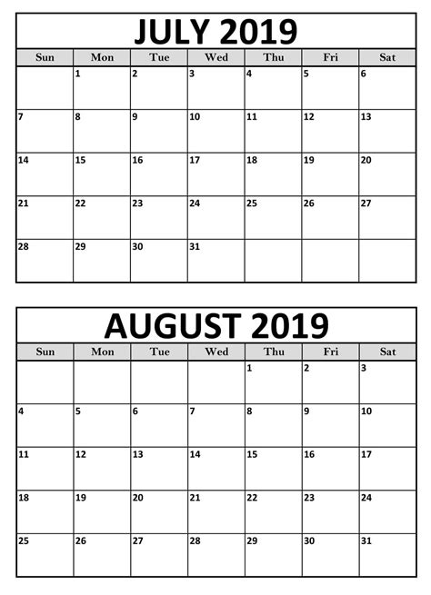 July August 2019 Calendar Printable August 2019 Calendar Calendar
