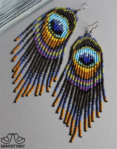 Peacock Beaded Earrings Feathers Long Earrings Gold Chandelier Etsy