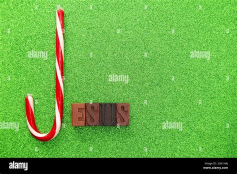 Jesus Spelled With A Traditional Candy Cane And Block Letters Stock