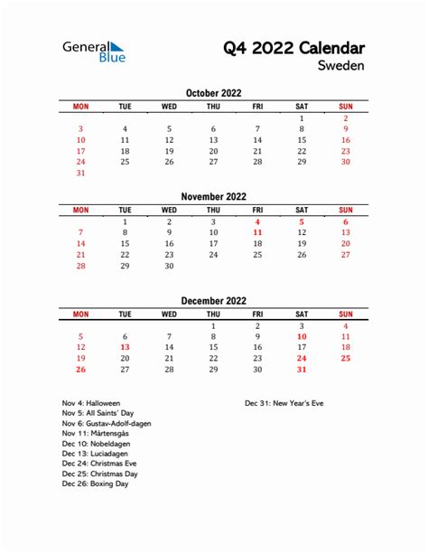 2022 Q4 Calendar With Holidays List For Sweden