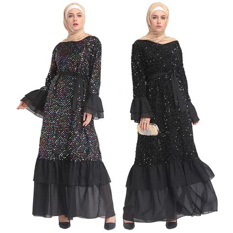 Luxury Muslim Sequins Abaya Flare Sleeve Full Dresses Cardigan Kimono