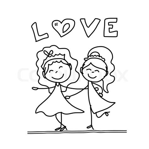 Hand Drawing Cartoon Concept Happy Same Sex Couple Wedding Stock