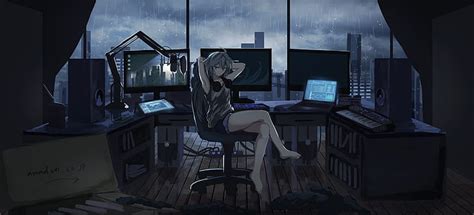 Hd Wallpaper Anime Original Computer Girl Headphones Rain