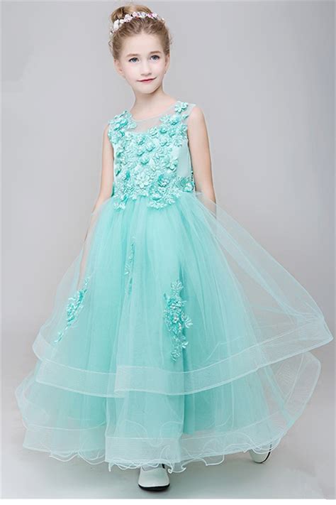 Ball Gown Scoop Neck Mint Green Tulle Applique Flower Girl Dress