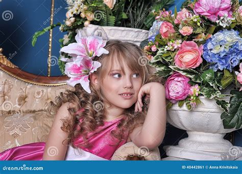 Girl In A Pink Dress Among The Flowers Stock Image Image Of Adorable Dress 40442861