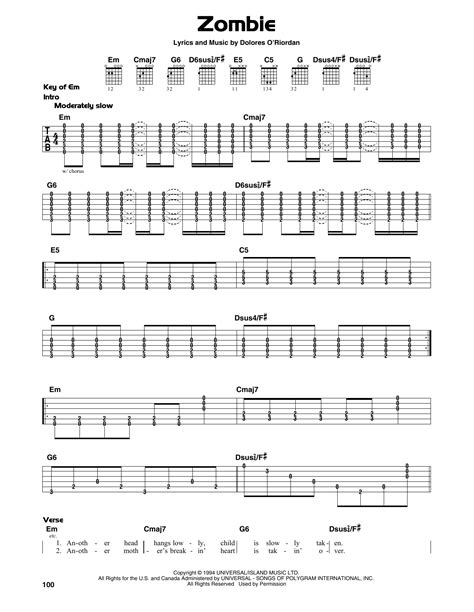 Zombie Sheet Music The Cranberries Guitar Lead Sheet