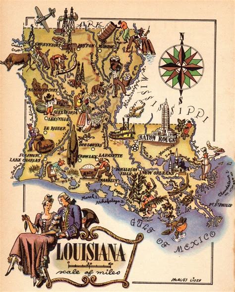1940s Antique Louisiana State Map Vintage Animated Map Of Louisiana