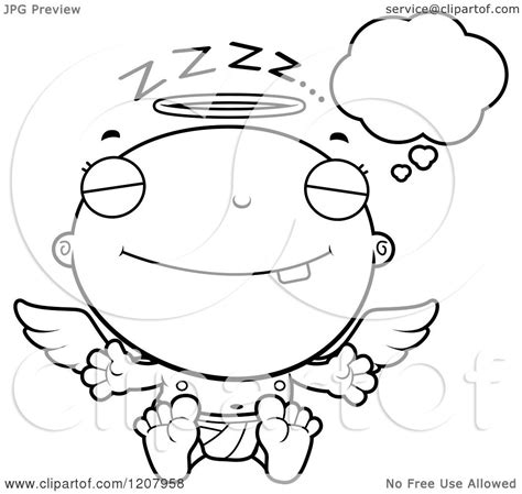 Cartoon Of A Black And White Dreaming Baby Infant Angel