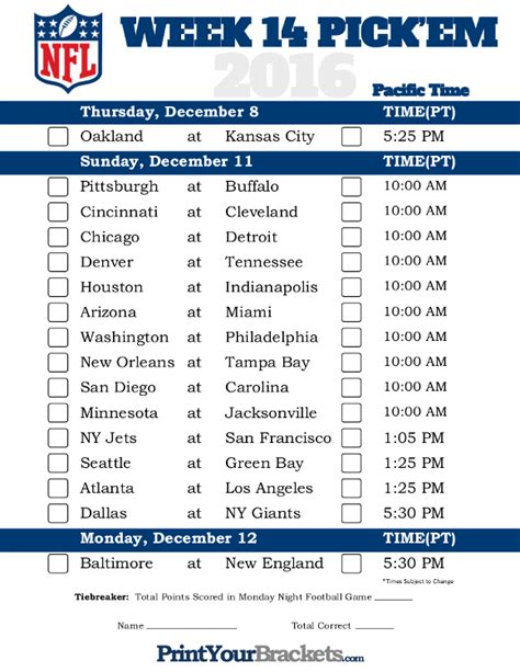 Weekly Nfl Schedule Printable