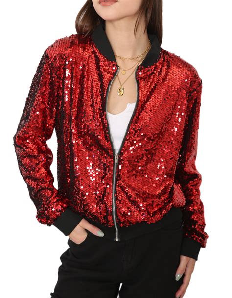 Womens Sequin Long Sleeve Front Zip Jacket With Ribbed Cuffs Burgundy